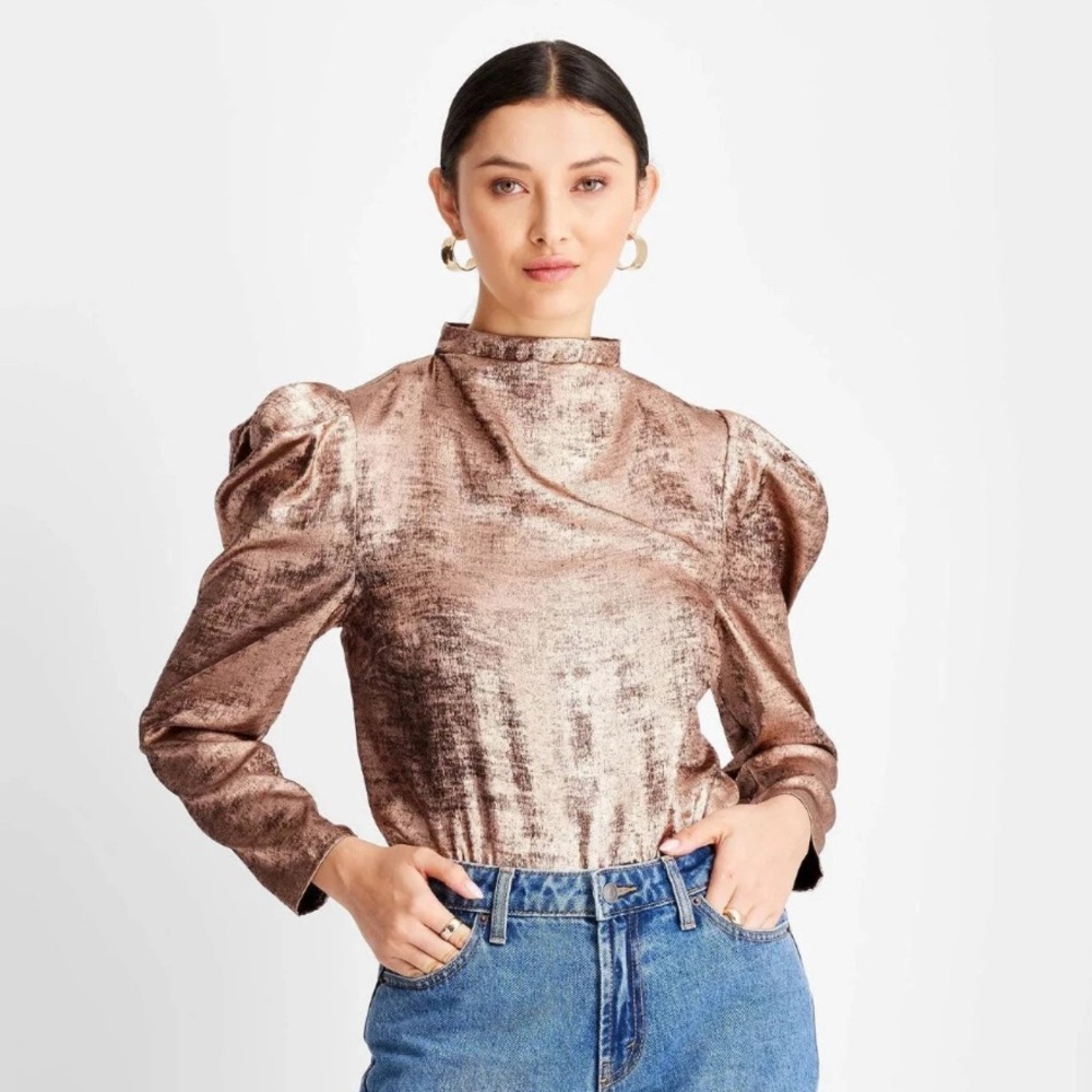 Future Collective Metallic Puff Shoulder Long Sleeve Mock Neck Blouse Size M